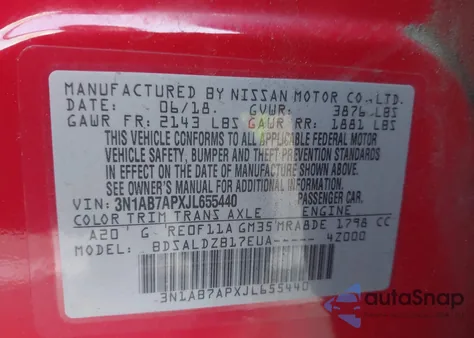 2018 Nissan Sentra Sv из США, поврежденный, VIN 3N1AB7APXJL655440